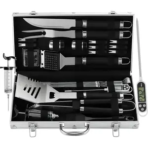 24 count BBQ Grill Tools Set with Meat  and Injector - Extra Thick Stainless Steel Fork, Spatula& Tongs - Complete BBQ Accessories in Aluminum Case -  Grill Gifts for Men