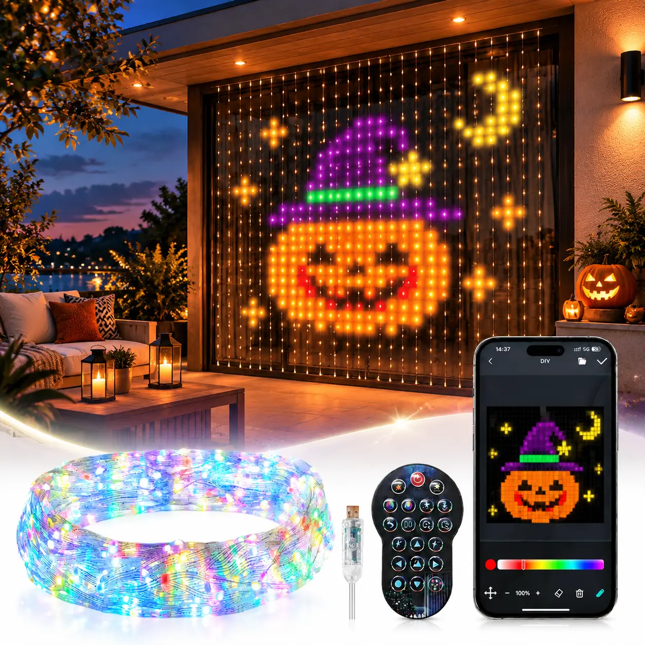 RGBIC Smart Curtain Lights, 400-LED Color Changing Fairy Lights with App Control, Music Sync, DIY Mode, 9.8x9.8ft for Halloween Parties, Bedroom Decor