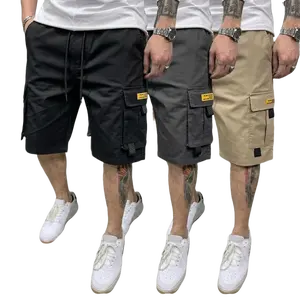 Men’s 3-pack cargo shorts with multiple pockets and a ripstop fabric; loose, casual straight-leg design with an adjustable drawstring waist; workwear suitable for camping and travel. Everyday outdoor commuter shorts Tropical