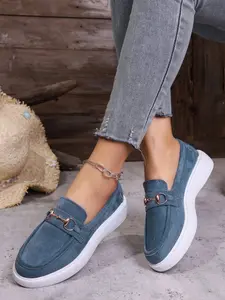 Women's Fashion New Thick Sole Single Shoe, Comfortable Daily Wear, Versatile Denim Jeans Round Toe Plain Casual Trendy Slip-On Shoes