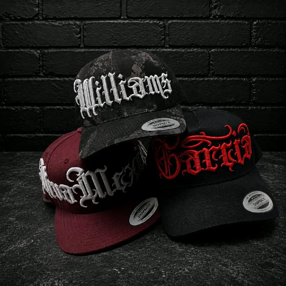 Customizable 3D Old English Style Font Hats - A- Frame, Trucker and Flatbill Snapback Styles, Yupoong or Richardson 112 Brands.