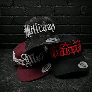 Customizable Old English Style Font Hats - A- Frame, Trucker and Flatbill Snapback Styles, Yupoong or Richardson 112 Brands.
