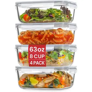 Pack 8 Cups/ 63oz Large Glass Storage Containers with Lids, Meal Prep Containers, Glass Food Storage with Airtight Lid for Baking, Leak Proof & Microwave, Oven Safe (4 Containers + 4 Lids)
