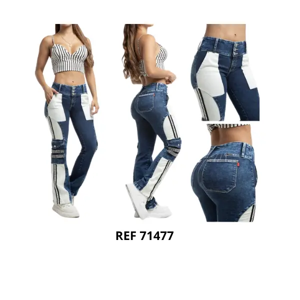 Premium Colombian bell-bottom jeans with a push-up effect that enhances the buttocks. A slim fit with a beautiful rhinestone detail that accentuates your curves. Beautiful jeans. Womenswear Fabrics Original Denim Pants Shimmer Basic Minimalist