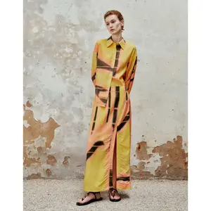 URBAN REVIVO 2026 Spring New Arrival Lady's Viscose Blend Fabric Long Sleeve Button-Down Casual Maxi Shirt Dress, Bold Abstract Print, Comfortable Hip-Fit Straight Skirt, UWH540039