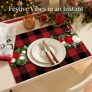 4 Packs Christmas Placemats, 12x18 Inch Red and Black Placemats, Farmhouse Winter Christmas Table Runner, Polyester, Machine Washable, Kitchen Dining Room Decor, For Christma