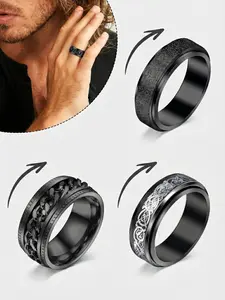 3 Counts Spinner Rings for Men, Stainless Steel Fidget Ring Set, Cool Chain Sand Blast Inlay Band, Anxiety Stress Relief Jewelry Gifts, Personalized Jewelry