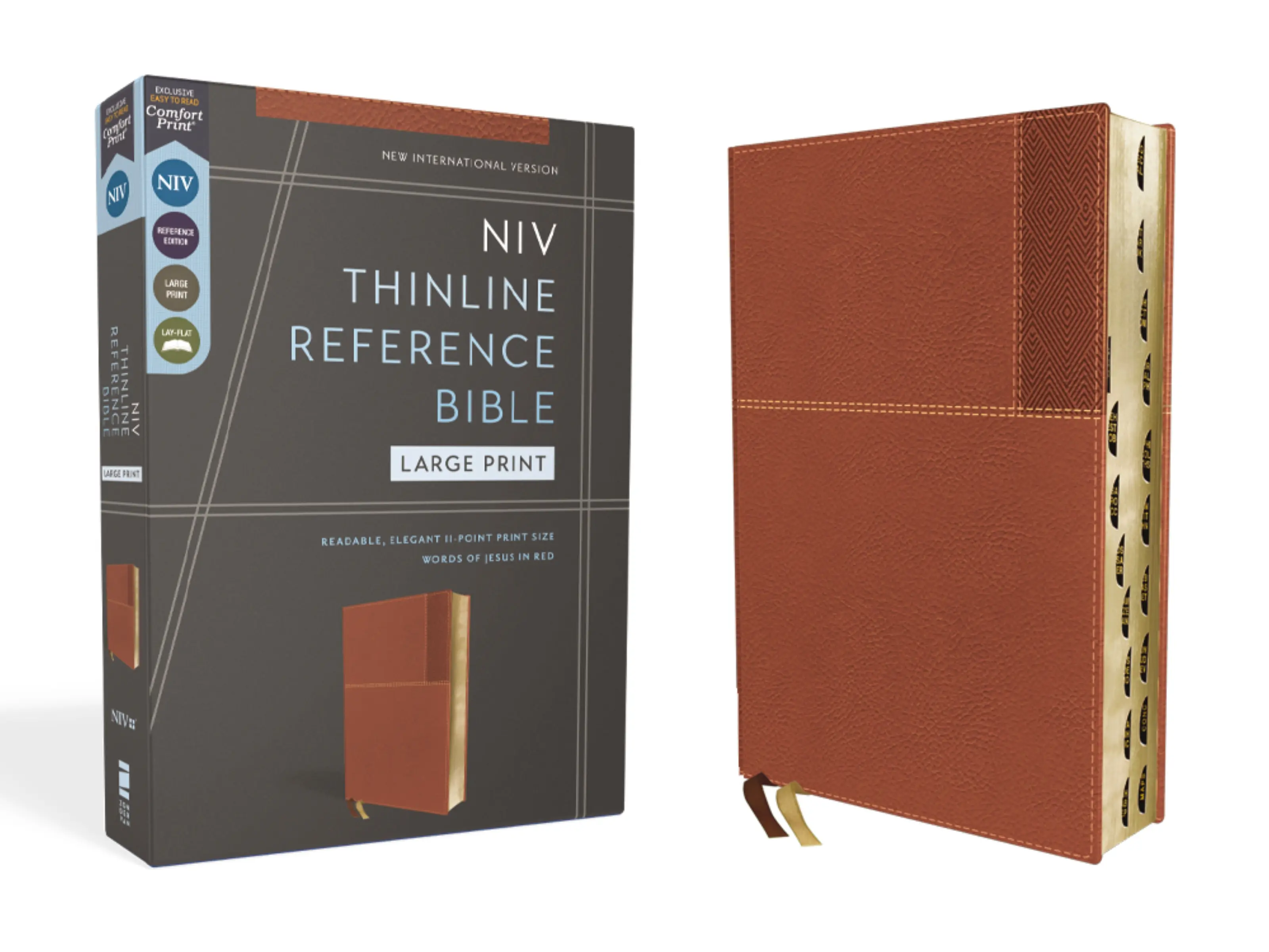 NIV, Thinline Reference Bible (Deep Study at a Portable Size), Large Print, Leathersoft, Brown, Red Letter, Thumb Indexed, Comfort Print by Zondervan [Leatherbound Book]