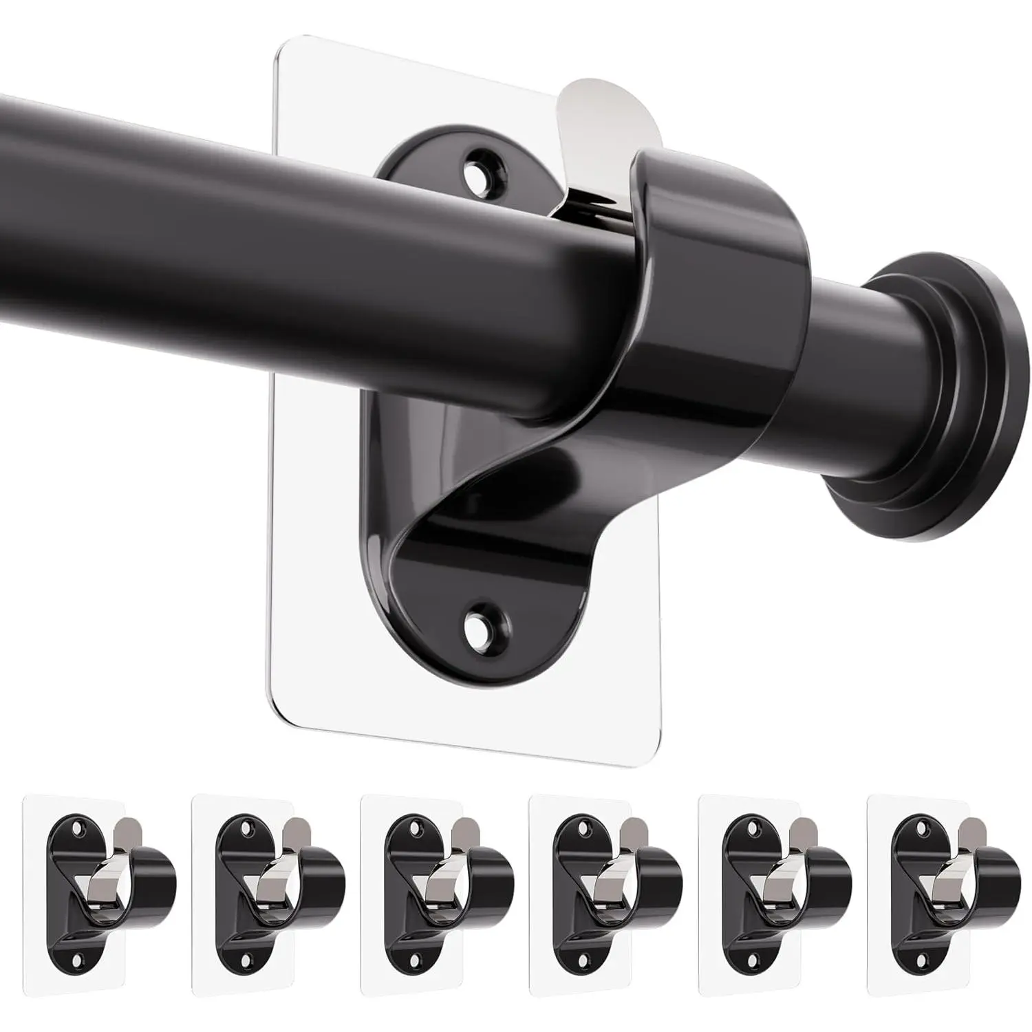 2-Pack Self-Adhesive Curtain Pole Bracket – ABS Shower Rod Mount Holder, No-Drill Stick-On For Bathroom, Window & Curtain Rods (Black)