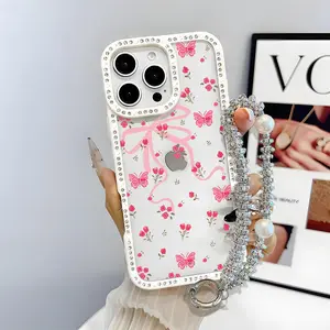 Pink Bow Pattern Bling Glitter Phone Case with Sparkle Rhinestone Diamond , Airbag Anti-Fall Crystal Cover for iPhone 16 15 14 13 12 Pro Max Plus Girl
