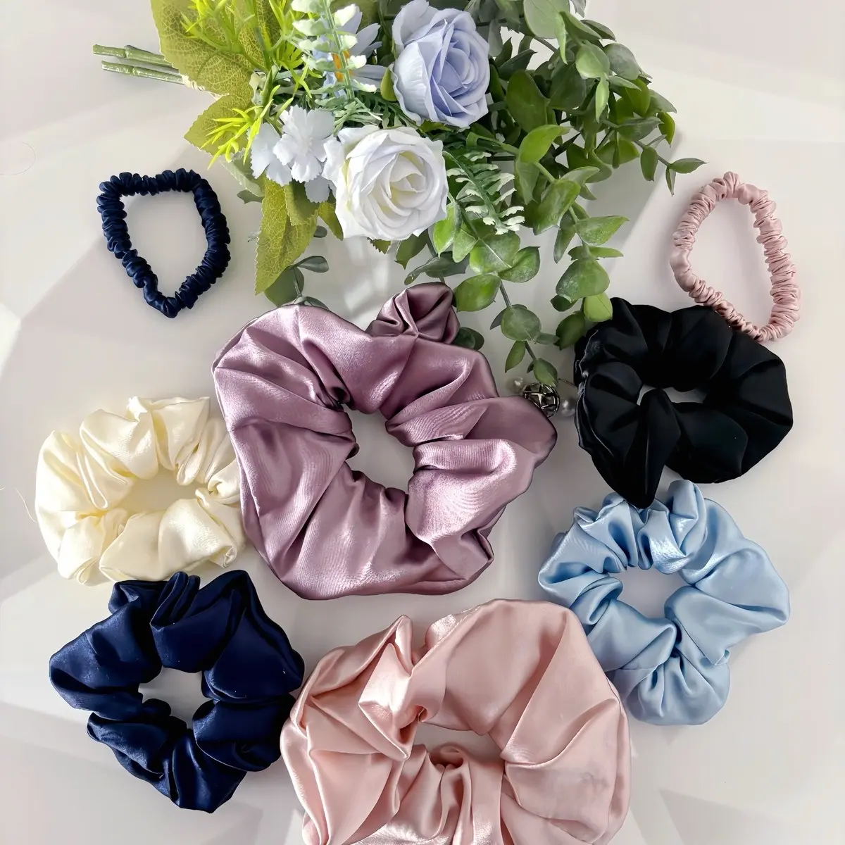 Silk Scrunchies Mulberry Large Hair Ties for Curly Thick and Thin Hair Black Silk Scrunchies - Midnight Black | Mulberry Park Silk main image 2