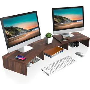 Dual Monitor Stand – 3 Shelf Computer Monitor Riser, Wood Desktop Stand with Adjustable Length and Angle, Desk Accessories, Office Supplies Medium Brown, DT108002WB