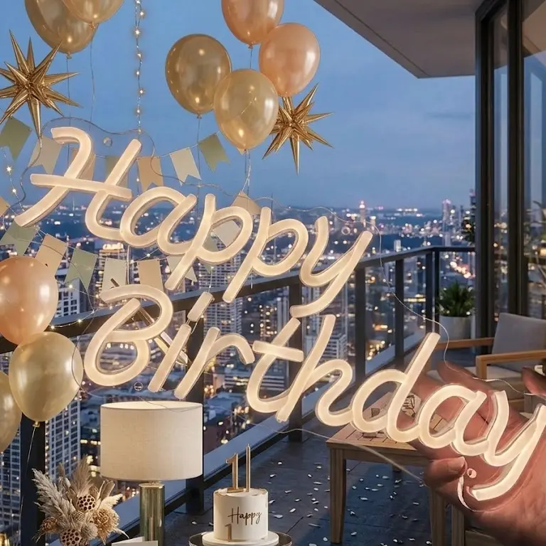 Warm White LED "Happy Birthday" Neon Sign, 10W Easy-Hang Photo Backdrop, Indoor Festive Party Home Supplies Decor