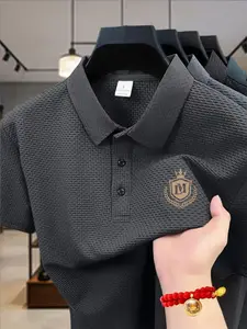 Men's Business Casual Polo Shirt, Trendy Crown Shield Lm Design, Golf Short Sleeve Tee, Stand Collar Breathable Stretch, Polyester Material