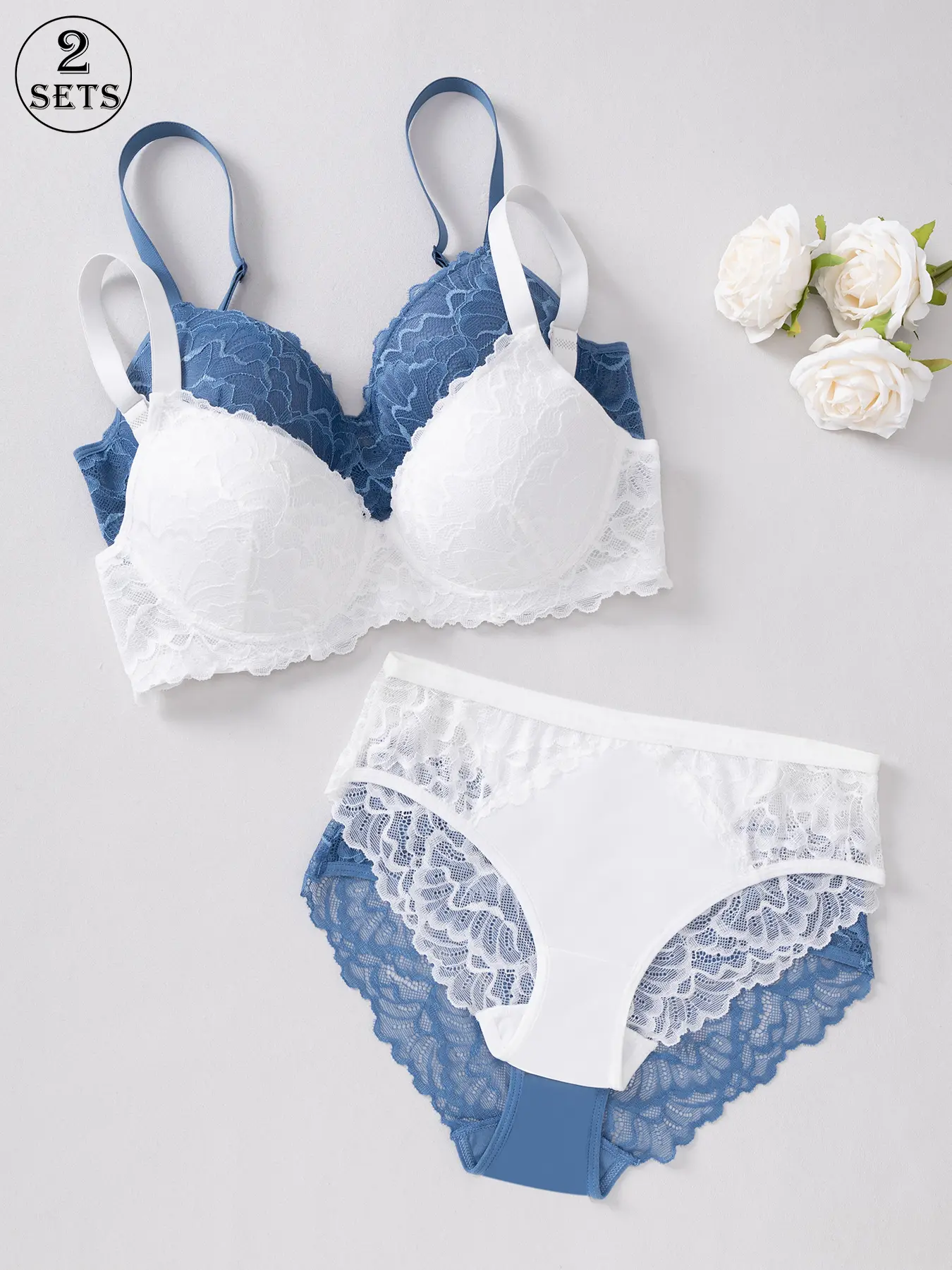 2 sets of women's lace lingerie, Underwear Women, with underwire for strong lift, 3D padded cups, skin-friendly and comfortable, adjustable straps, prevents side spillage, available in multiple colors