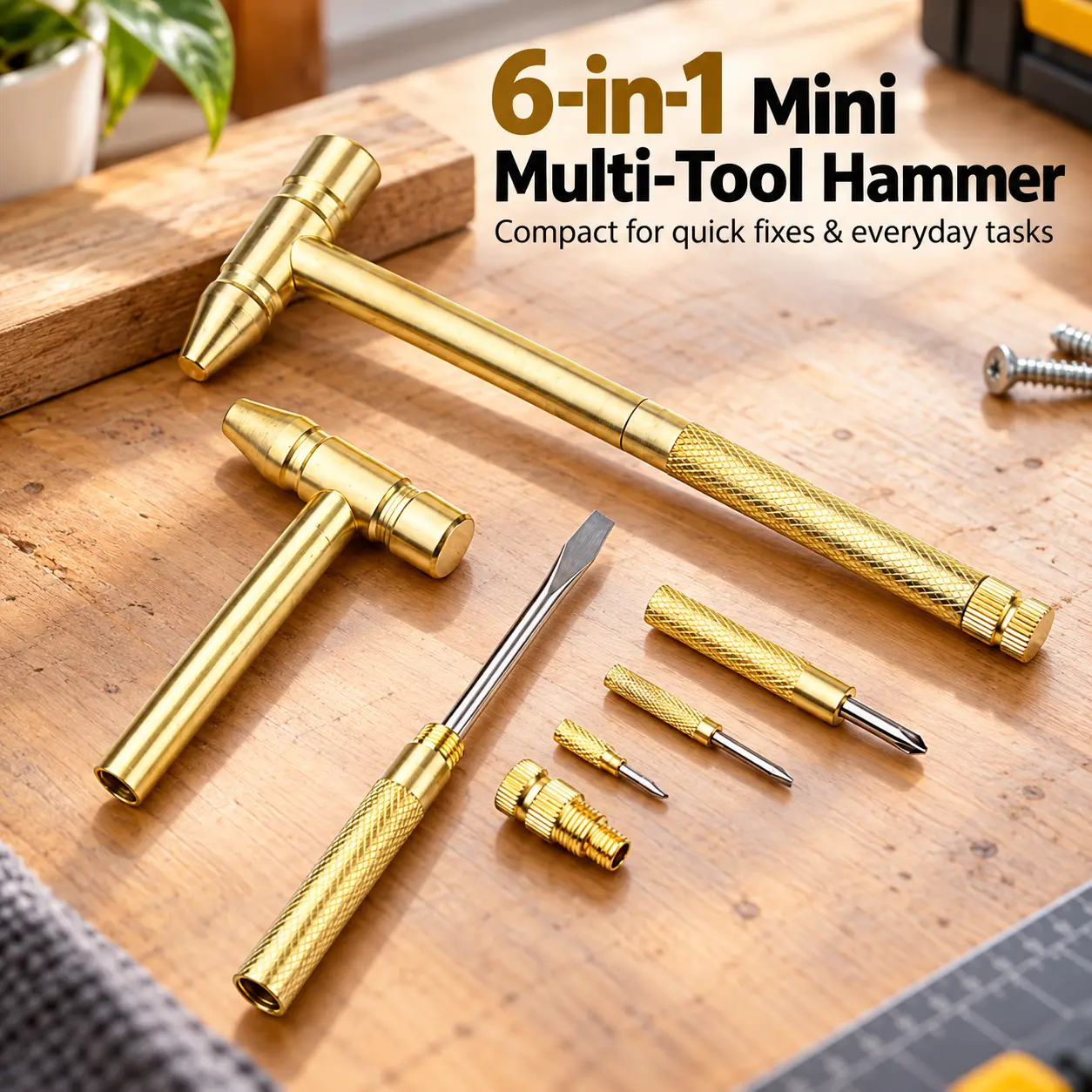 6-in-1 Mini Multi-Tool Hammer with Screwdriver Bits, Compact Brass Small Hammer Kit for Home Repairs, DIY Crafts, Electronics & Everyday Fixes