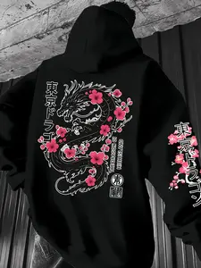 Men's Dragon Sakura Hoodie, Tokyo Dragon Design, Bottom Dragon Print, Rose Sakura, Back Large Print, Sporty Fit