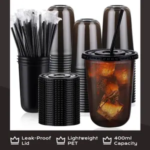 50 Sets Black Transparent Plastic Cups with Lids and Straws, 400ml Disposable Iced Coffee Cups, Leak-Proof U-Shape Lid, Perfect for Parties & Coffee Events, Lightweight PET