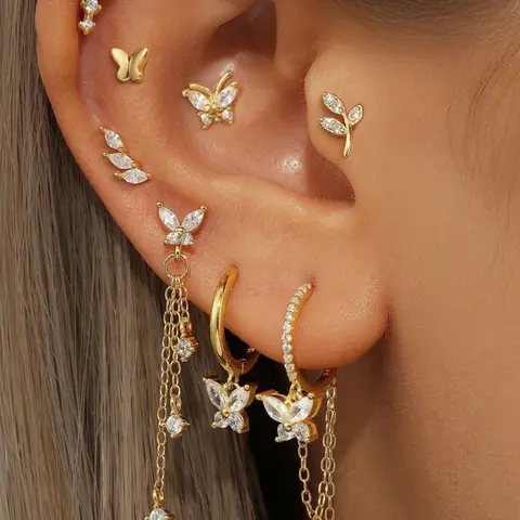 Elegant S925 Silver Butterfly Chain Earrings Set, Women's Dangle Ear Studs with Crystal Stones, Fashion Jewelry Accessories, Unique Design Earrings, Dangling Earrings, Drop Earrings