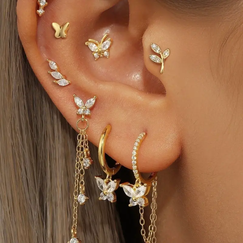 Elegant S925 Silver Butterfly Chain Earrings Set, Women's Dangle Ear Studs with Crystal Stones, Fashion Jewelry Accessories, Unique Design Earrings, Dangling Earrings, Drop Earrings