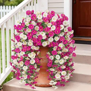 Artificial Hanging Flowers for Outdoors, 2 Packs Fake Flowers Silk Morning Glory with Eucalyptus UV Resistant Realistic Petunias Hanging Faux Plants Vine for Home Patio Porch Garden Planter Decor