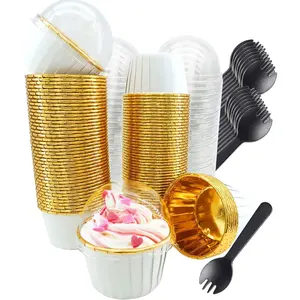 Cupcake Liners with Dome Lids 100Pack,Free-Air Mini Foil Baking Cups Muffin Liners,Disposable Ramekins Cupcake Tins Cups Wrappers for Wedding Birthday Party,with Spoons