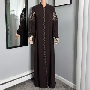 Crepe Abaya with Elegant Floral Embroidery Long Sleeves for Women Brown Color Traditional Islamic Fashion