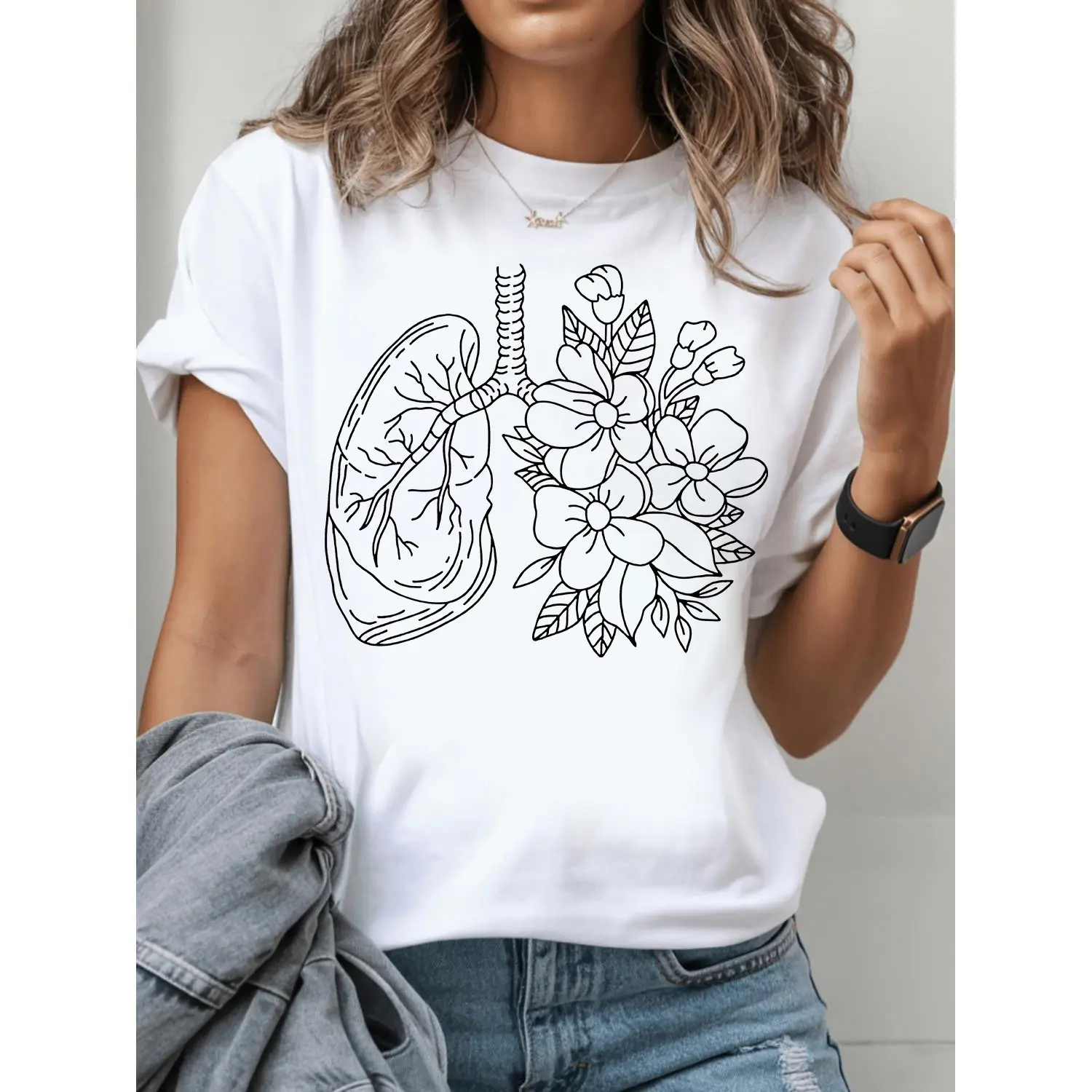 Graphic T-Shirt with Anatomical Floral Lungs, Casual Short Sleeve Top in 100% Cotton Fabric for Men and Nurses