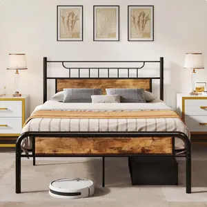 Farmhouse Queen Metal Platform Bed Frame with Headboard & Soundproof Cotton, Black