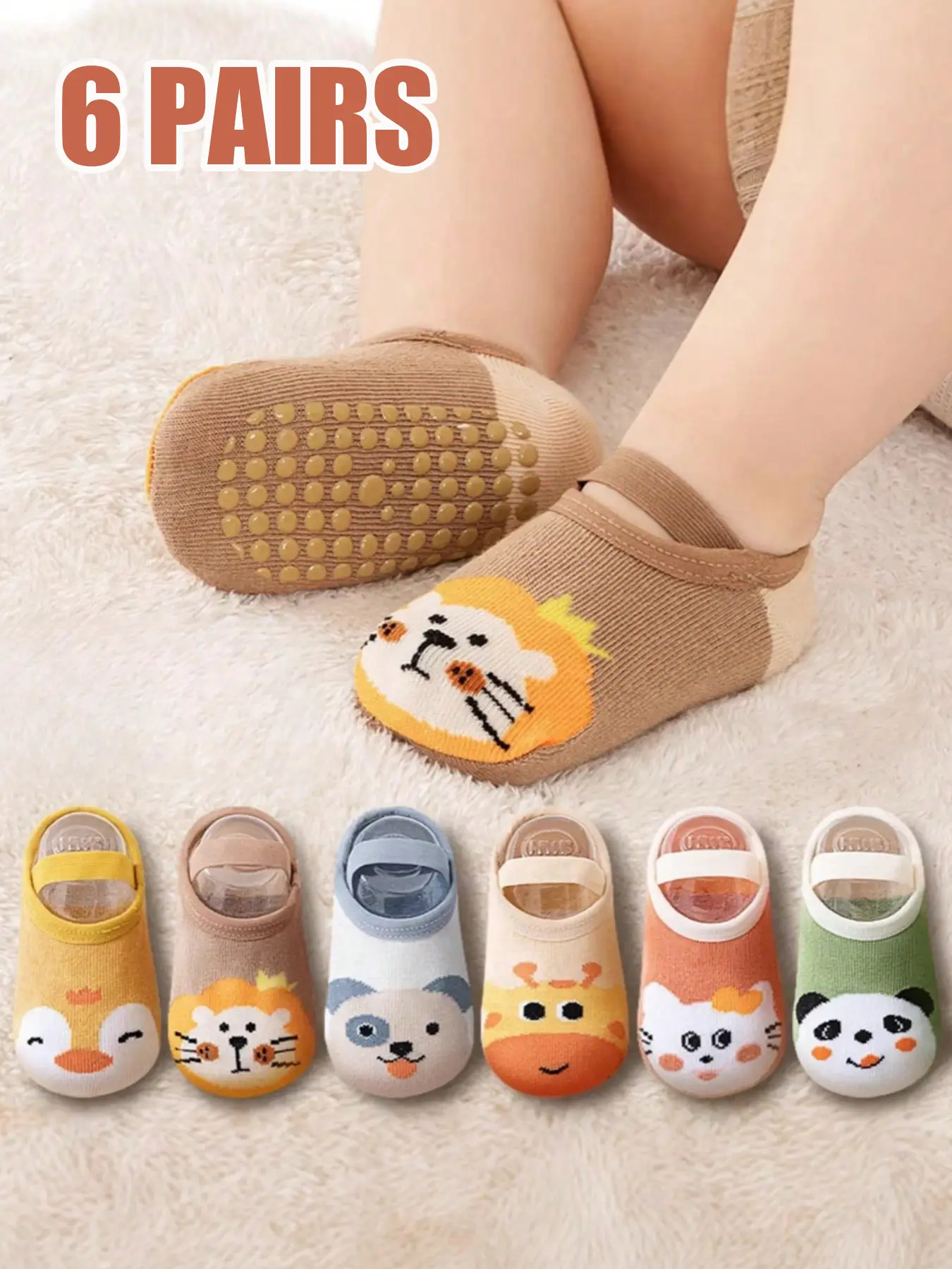 6 Pairs Kids Socks, Baby Toddler Non-Slip Indoor Floor Socks, Cartoon Animal Design, Unisex Children Anti-Skid Socks for Boys & Girls