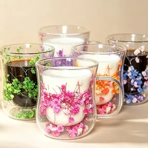Double Layer Glass Cup with Handle, Creative Body Sculpting Cup, Dry Flower Glass Cup, Coffee Mug, Milk Cup, Unique Gift for Loved Ones, Coffee Glass Cups