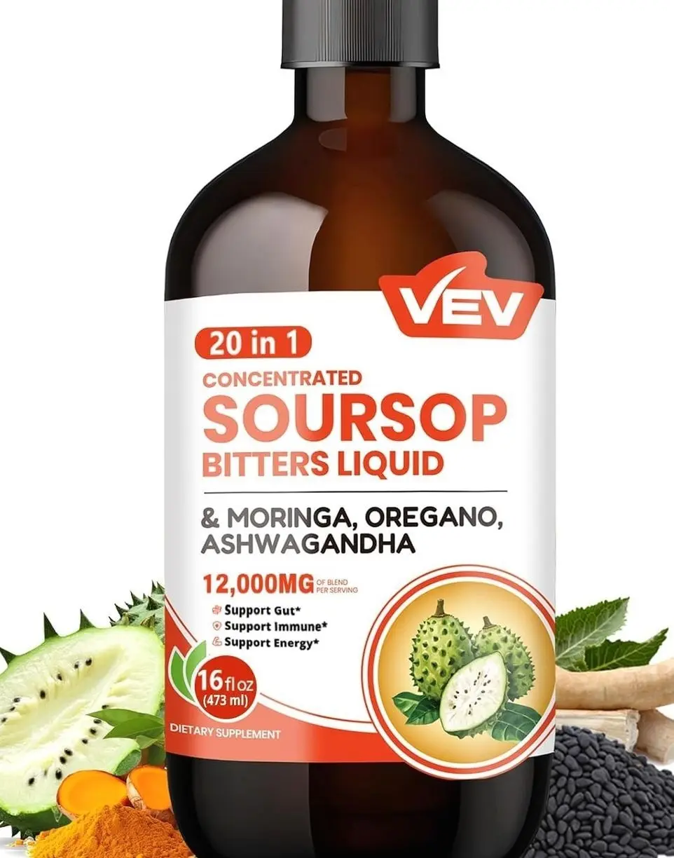 VEV Soursop Bitters Liquid, Graviola Extract Sugar-Free Formula, 20 IN 1, with Black Seed, Moringa & Oregano, Digestive Health & Immune Function, Stress Relief, Sleep Support, Vegan -16 oz