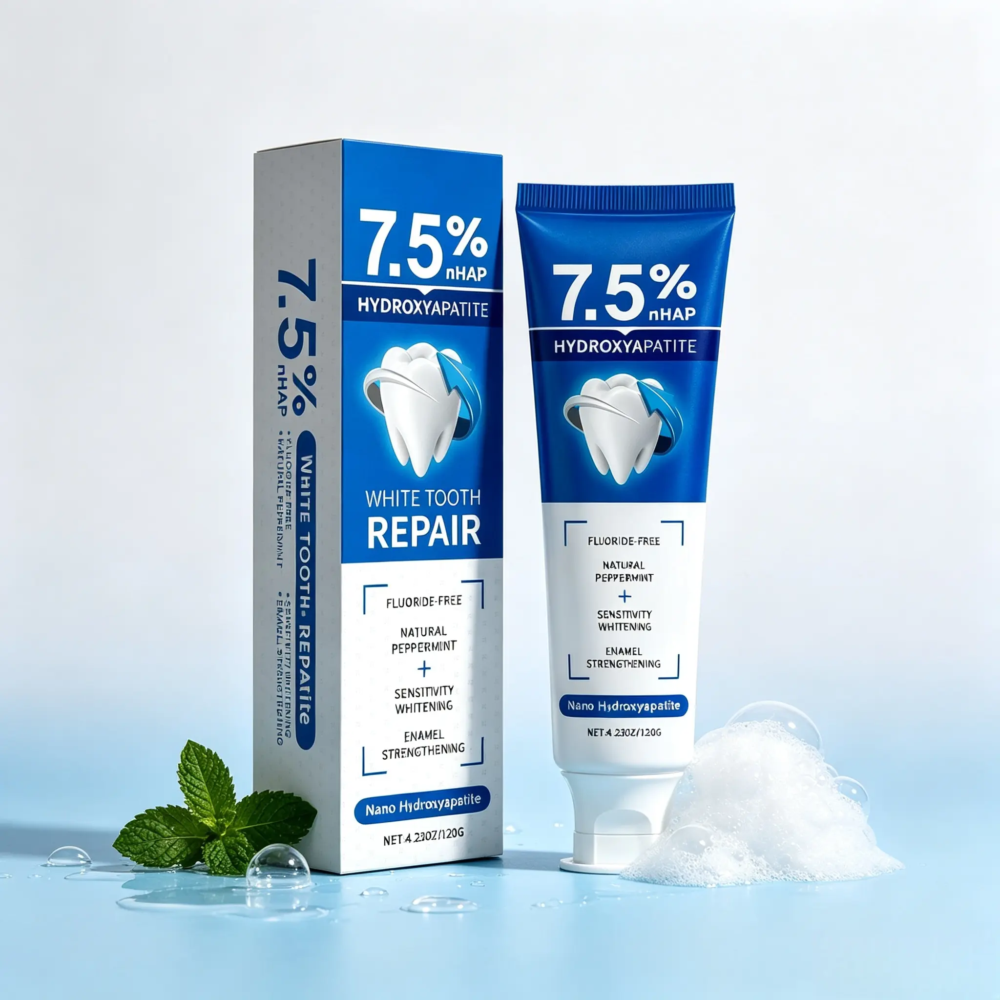 7.5% Hydroxyapatite Toothpaste, Fluoride-Free Enamel Repair & Gentle Teeth Whitening, Refreshing Mint Flavor, 4.23oz Oral Care for Sensitive Teeth