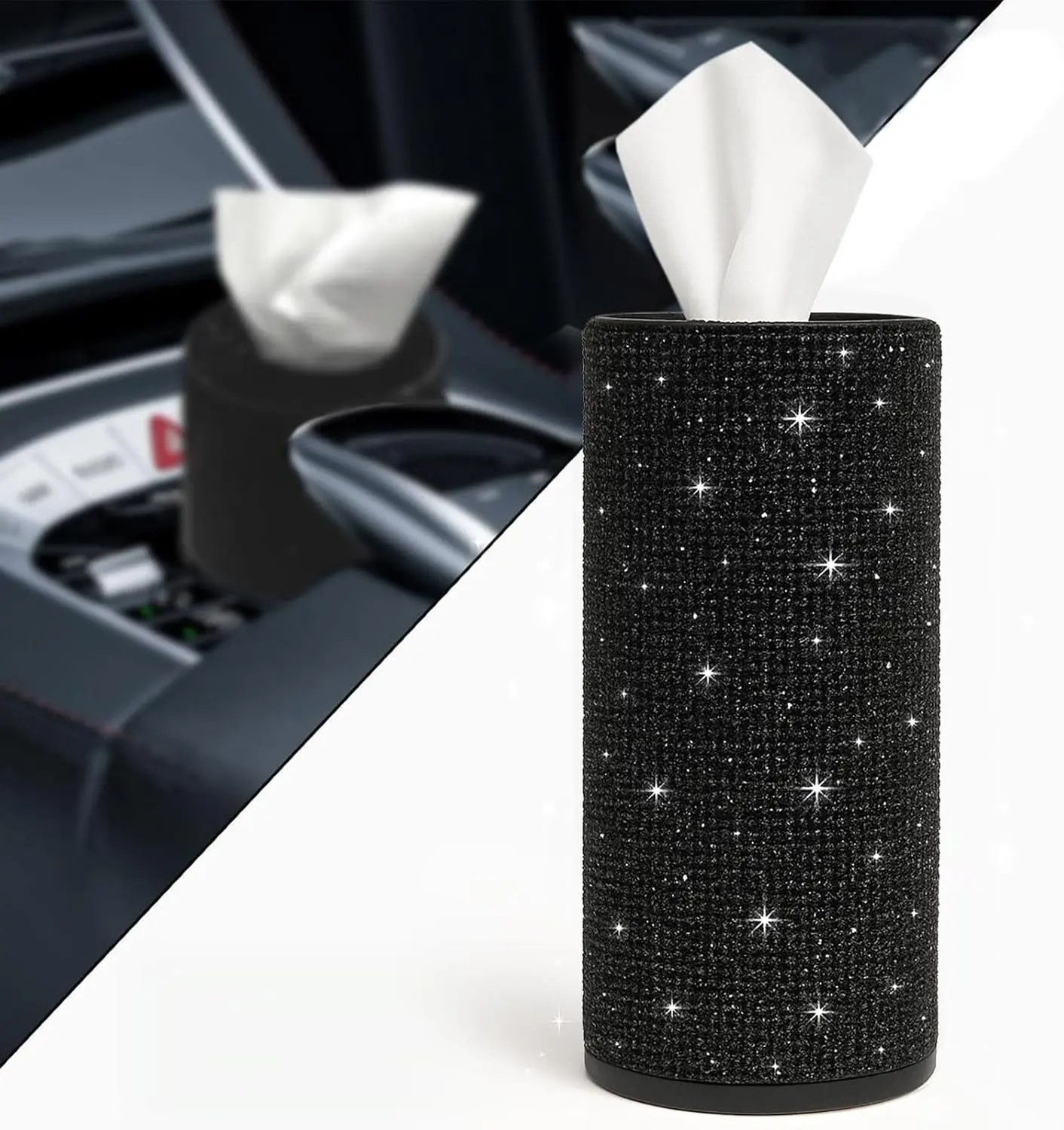 Bling Car Tissue Holder for Cup Holder – Sparkly Rhinestone Round Tissue Dispenser with 1 Pack Tissues – Fits Standard Auto Cup Holders – Stylish Car Interior Accessory for Women(Black)