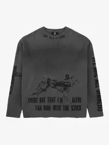 Waffle-Knit Distressed Gradient Print Long T-Shirt