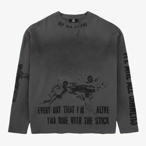 Supermade Men's Waffle Knit Distressed Long Sleeve Loose Top - Spray Wash Graphic, Fabric Layer Menswear for Streetwear Clothing, Male Clothing