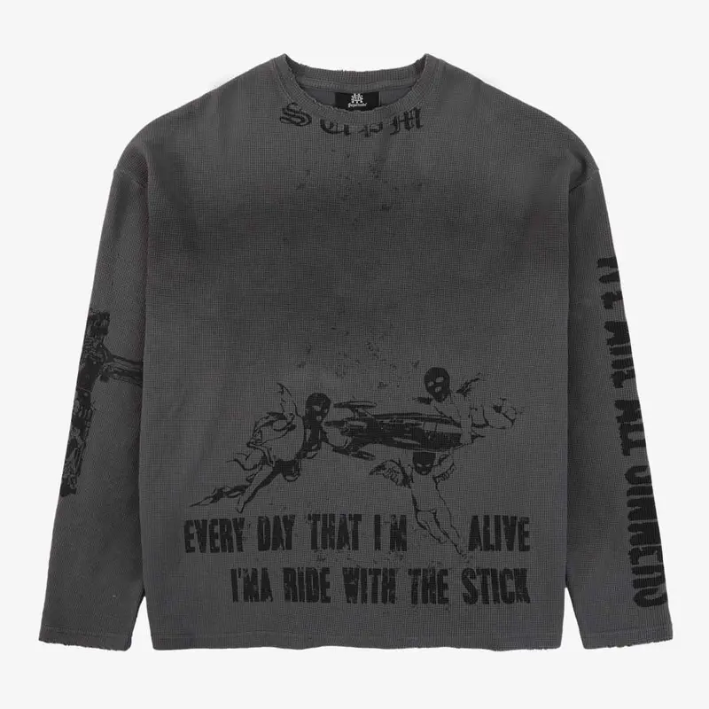 Supermade Men's Waffle Knit Distressed Long Sleeve Loose Top - Spray Wash Graphic, Fabric Layer Menswear for Streetwear Clothing, Male Clothing