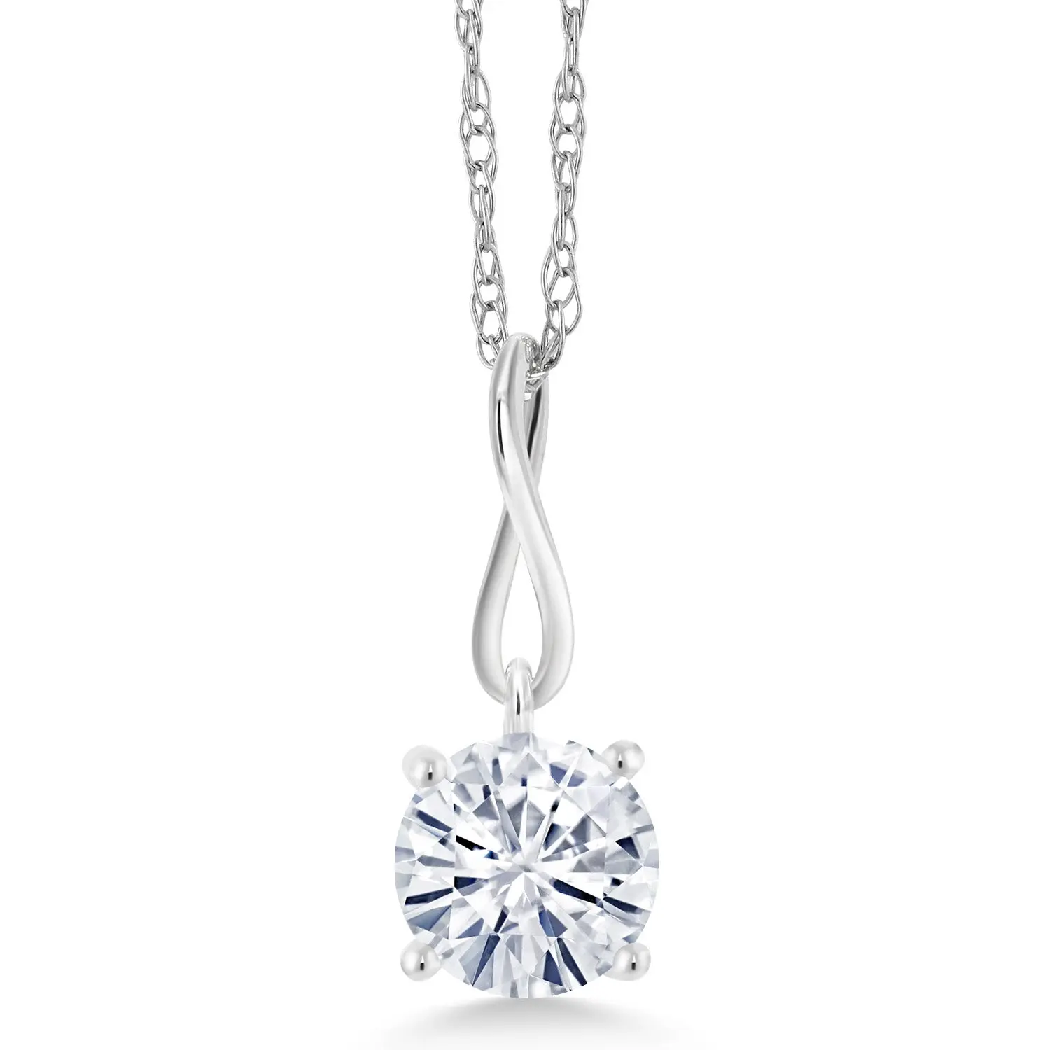10K White Gold Moissanite Pendant Necklace For Women (1.00 Cttw, Round 6.5MM, with 18 Inch Gold Chain)