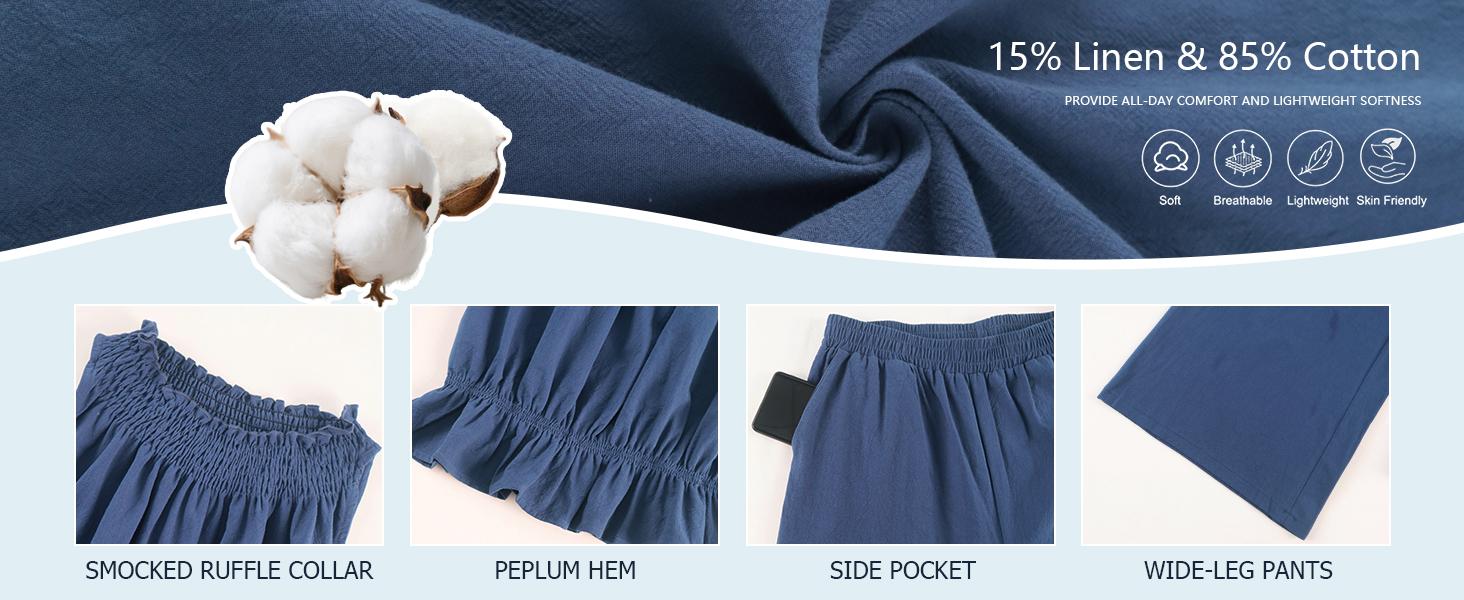 Molitree Women's Linen 2 Piece Outfits Sleeveless Ruffle Top Wide Leg Pants Summer Loungewear Beach Travel Sets