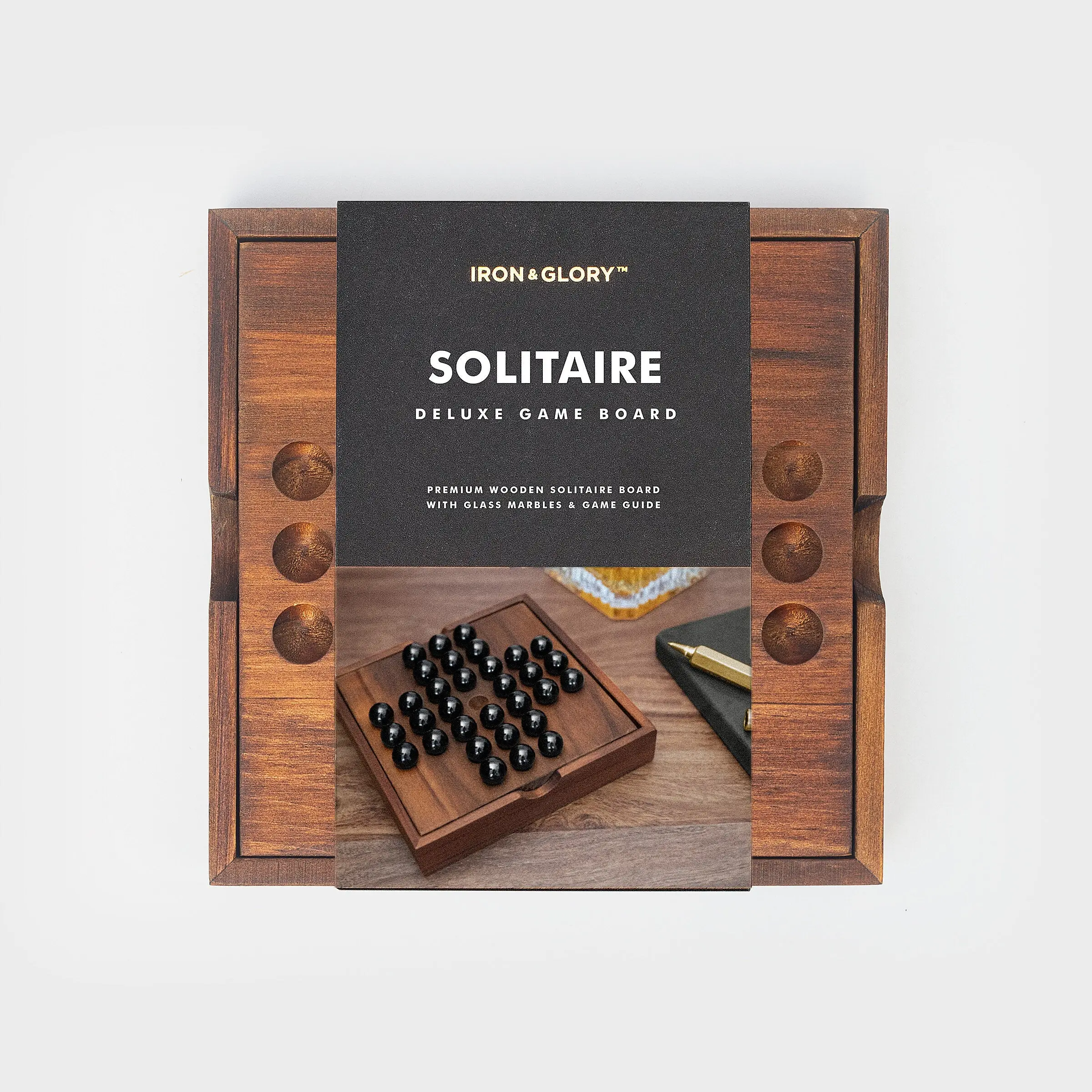 Iron & Glory Solitaire Game - Travel Games - Solitaire Marble Game - Deluxe Wooden Puzzle Board - Strategy Games for Adults - Brain Teaser Puzzle - Portable Travel Size - Retro Design - Solo Player