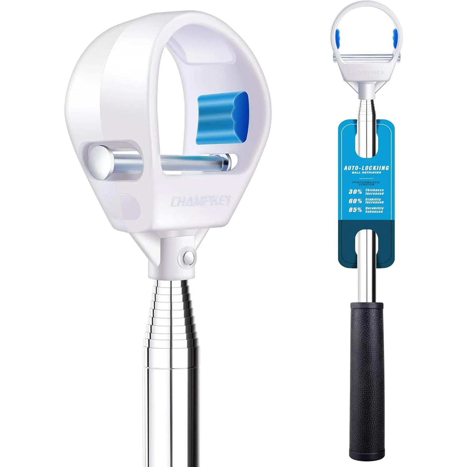 CHAMPKEY Upgraded Auto-Locking Golf Ball Retriever Performance Version - Thicken Telescopic Shaft Golf Ball Picker - High Durability and Stability Golf Retriever