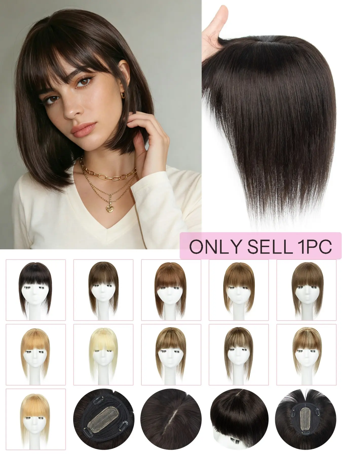 Human Hair Topper  with Bangs Real Human Hair Women's Real Hair Glueless Wig Pieces, 10 Inches, Straight Human Hair for Thin Hair, Natural Look, Easy to Wear for Women