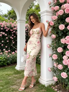 French Vintage Ditsy Floral Halter Tailored Sleeveless Summer Midi Dress, Slimming Fitted Design, Flowing Skirt Hem, Gentle Romantic Elegant Chic, Feminine, Womenswear