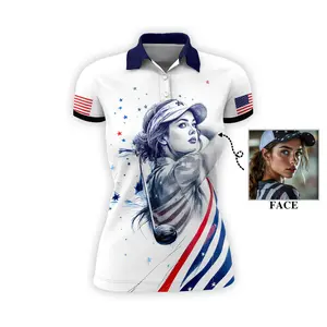 Women’s Custom Golf Polo with Face - USA Flag Girl Golfer Design, "Watch Me" Text, Breathable Fabric, Perfect Golf & Casual Wear, Fast US Shipping