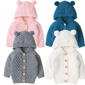 Newborn Baby Girls Boys Knit Cardigan Hooded Sweater, Infant Button-Down Cotton Outfits, Unisex Baby Basic Clothes
