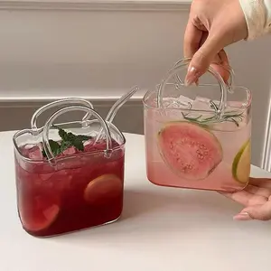 Reusable Glass Drinking Cup with Straw, Square Cocktail Mug for Juice Smoothies Iced Tea, Perfect Drinkware for Holidays & Gifts, Stylish Glass Cups