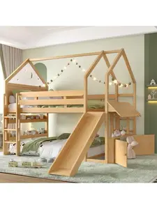 Bellemave  Full Size Loft Bed with Bookshelf Playful Design for  House-Shaped Structure with Slide High-Quality Safety Rails,Natural