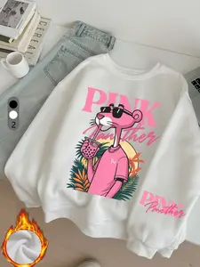 "Pink Panther" Pink Panther and tropical plant element pattern letter print, casual retro solid color long-sleeved Fitted pullover, round neck casual sports women's pullover sweatshirt, autumn and winter plus velvet women's clothing Womenswear
