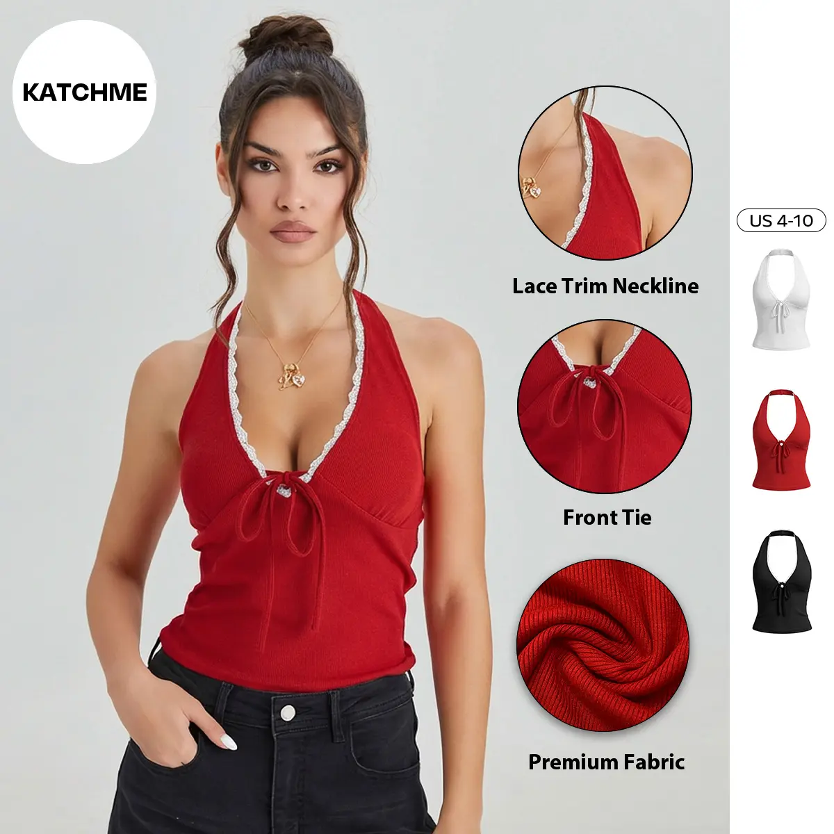 KatchMe Women's Elegant V-Neck Front Tie Lace Color Matching Trim Halter Top, Chic Sleeveless Street Crop Top, Backless Short Top for Party Holiday