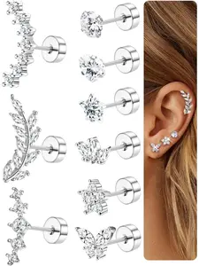 Shining 9 Pcs Silvery Cute Helix Piercing Jewelry Set Surgical Steel Copper Helix Tragus Cartilage Earrings for Women Men Hypoallergenic Earring Set Flat Back Earrings Studs Ear Conch Daith Tragus Piercing Jewelry Set
